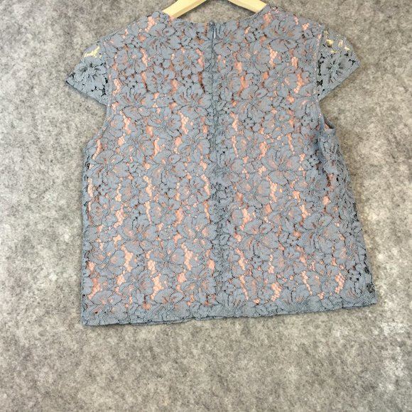 Cynthia Rowley Blouse Top 2 XS Lace Shell Dusty Blue Floral Cap Sleeve Career - Picture 11 of 13